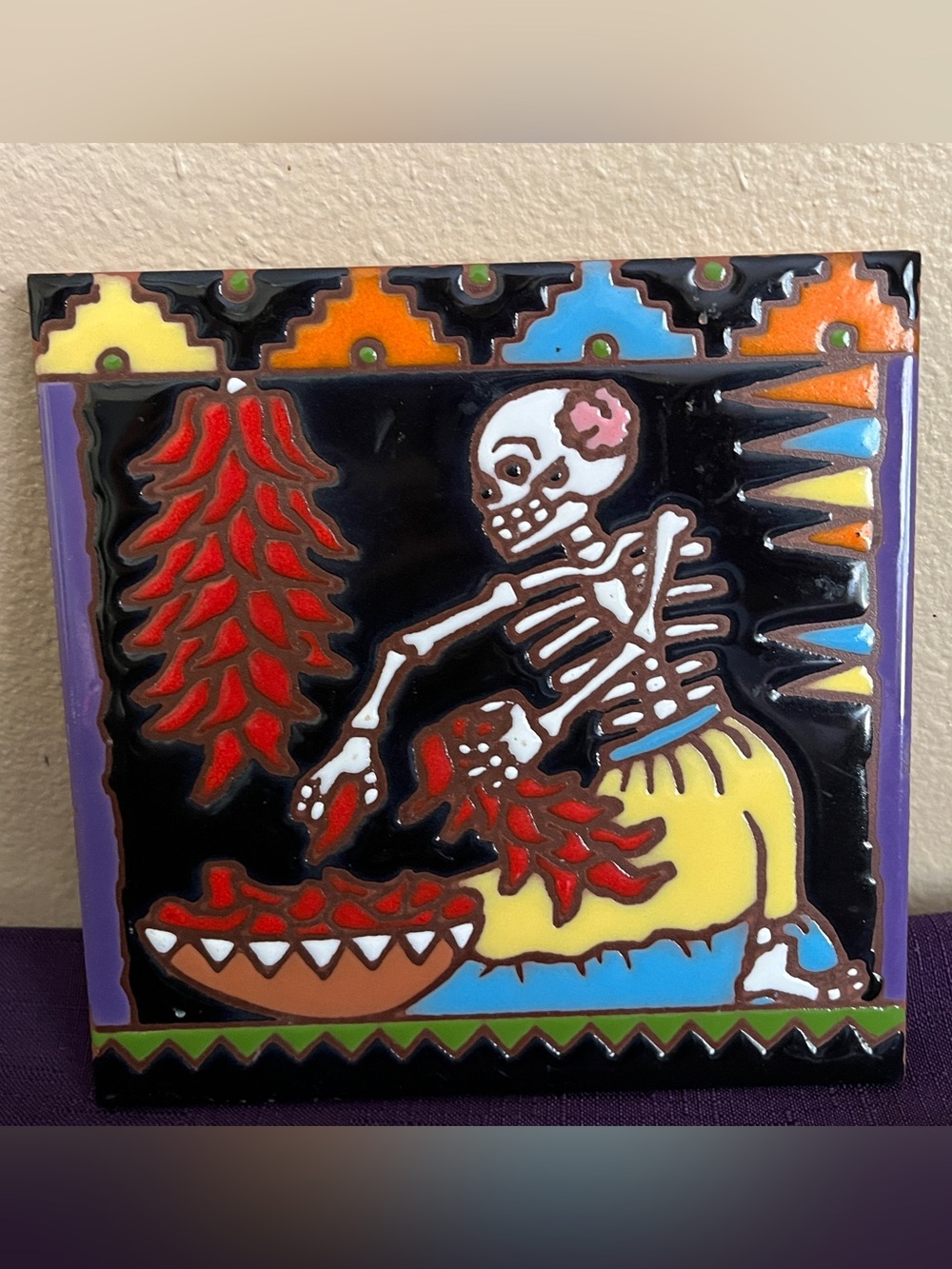 Day of the Dead Skeleton Glossy Glazed Ceramic Square Tile 1999 Talavera